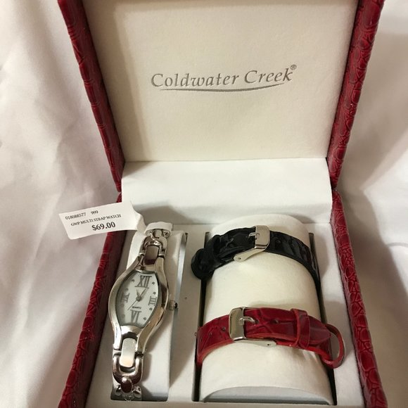 COLDWATER CREEK SILVER TONE WATCH WITH SILVER TONE BRACELET, AND LEATHER BANDS